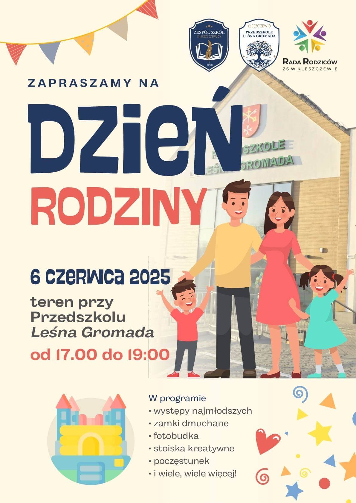Plakat zapraszający na Dzień Rodziny 6 czerwca 2025 przy Przedszkolu „Leśna Gromada” w godz. 17:00–19:00, z atrakcjami dla dzieci i rodzin.