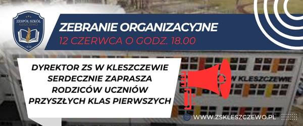 baner ogłaszający zebranie dla rodziców przyszłych klas pierwszych
